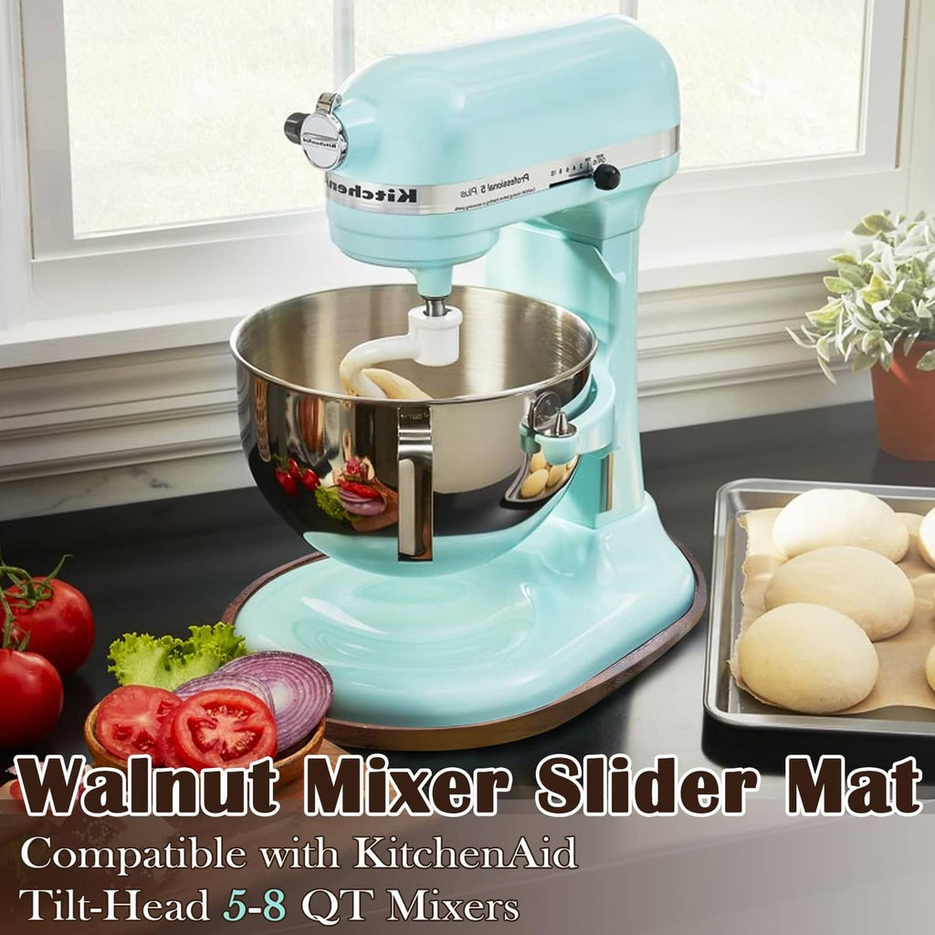 Walnut wood mixer slider mat beneath a light teal stand mixer on countertop