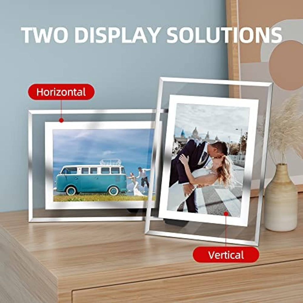 White 5x7 glass photo frame showing horizontal and vertical tabletop setup