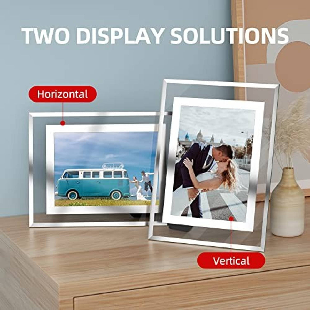 White 5x7 glass photo frame showing horizontal and vertical tabletop setup