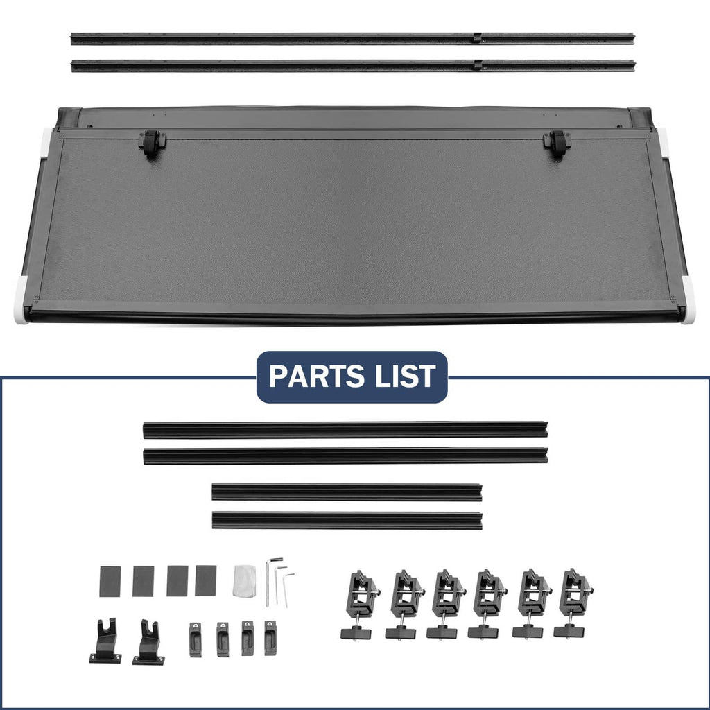 Hard tri-fold tonneau cover parts kit with mounting hardware and rails