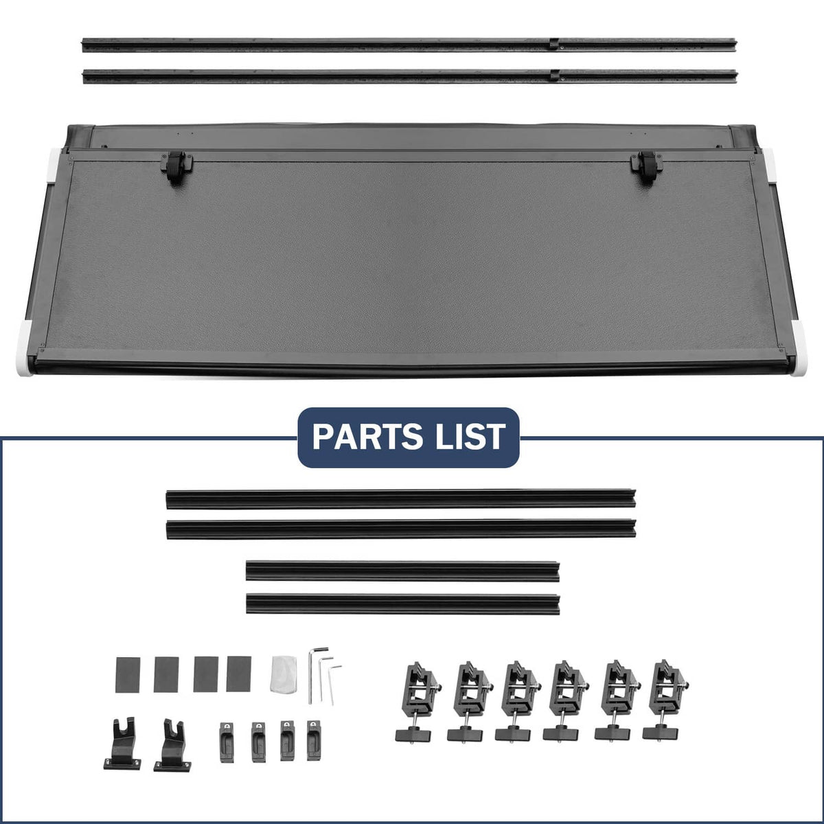 Hard tri-fold tonneau cover parts kit with mounting hardware and rails