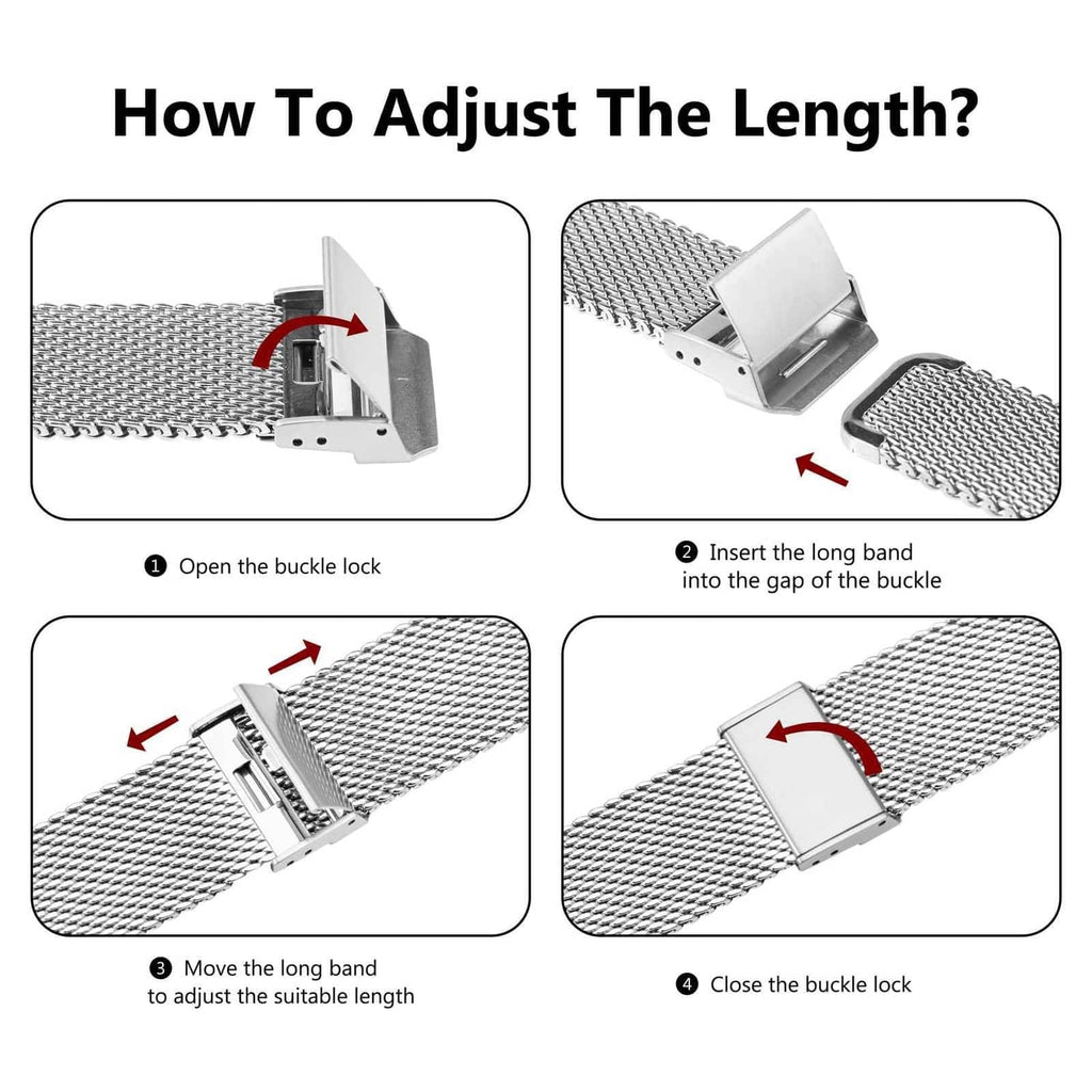 Watch band adjustment steps graphic showing open buckle and band insertion
