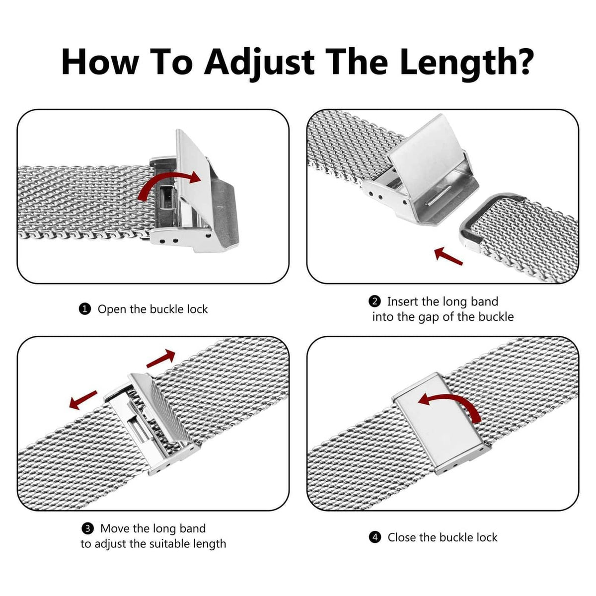 Watch band adjustment steps graphic showing open buckle and band insertion