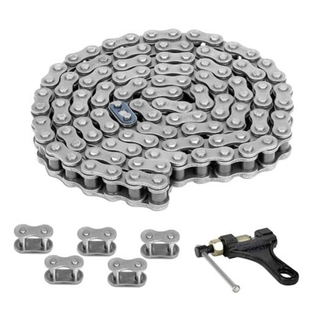 Heavy-duty motorcycle chain with chain breaker tool and extra links, silver metal