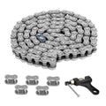 Heavy-duty motorcycle chain with chain breaker tool and extra links, silver metal