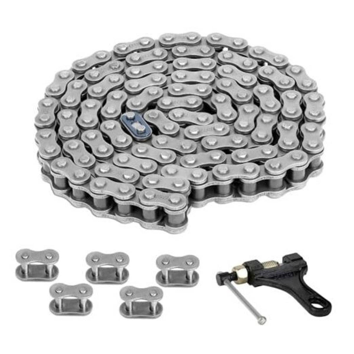 Heavy-duty motorcycle chain with chain breaker tool and extra links, silver metal