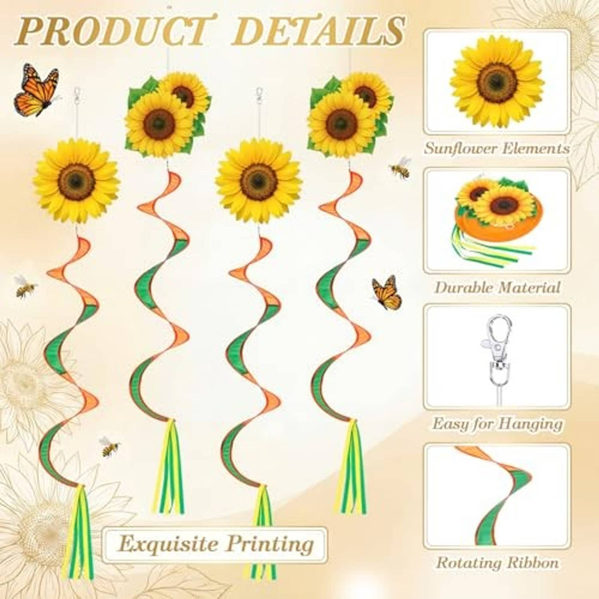 Sunflower wind spinner hanging set with orange-green ribbon spirals and sunflower tops
