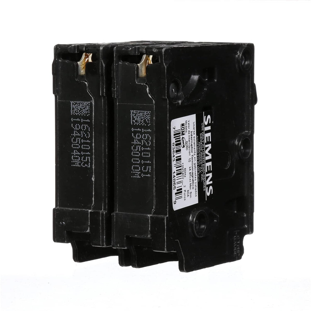 Siemens black Type QP double-pole circuit breaker, side labels and mounting holes