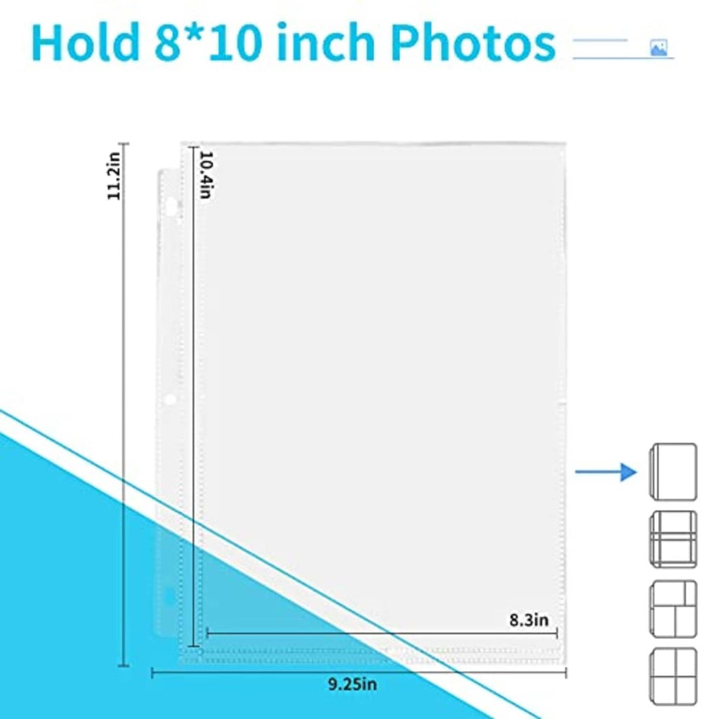 Clear top-loading photo sleeve with 3-hole punch; size 8x10 inches