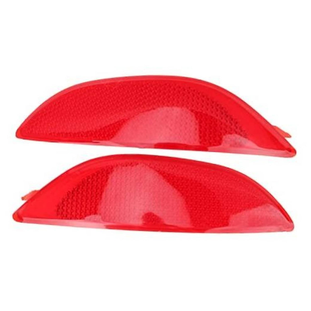 Pair of red rear bumper reflector trim lenses, curved shape for left and right