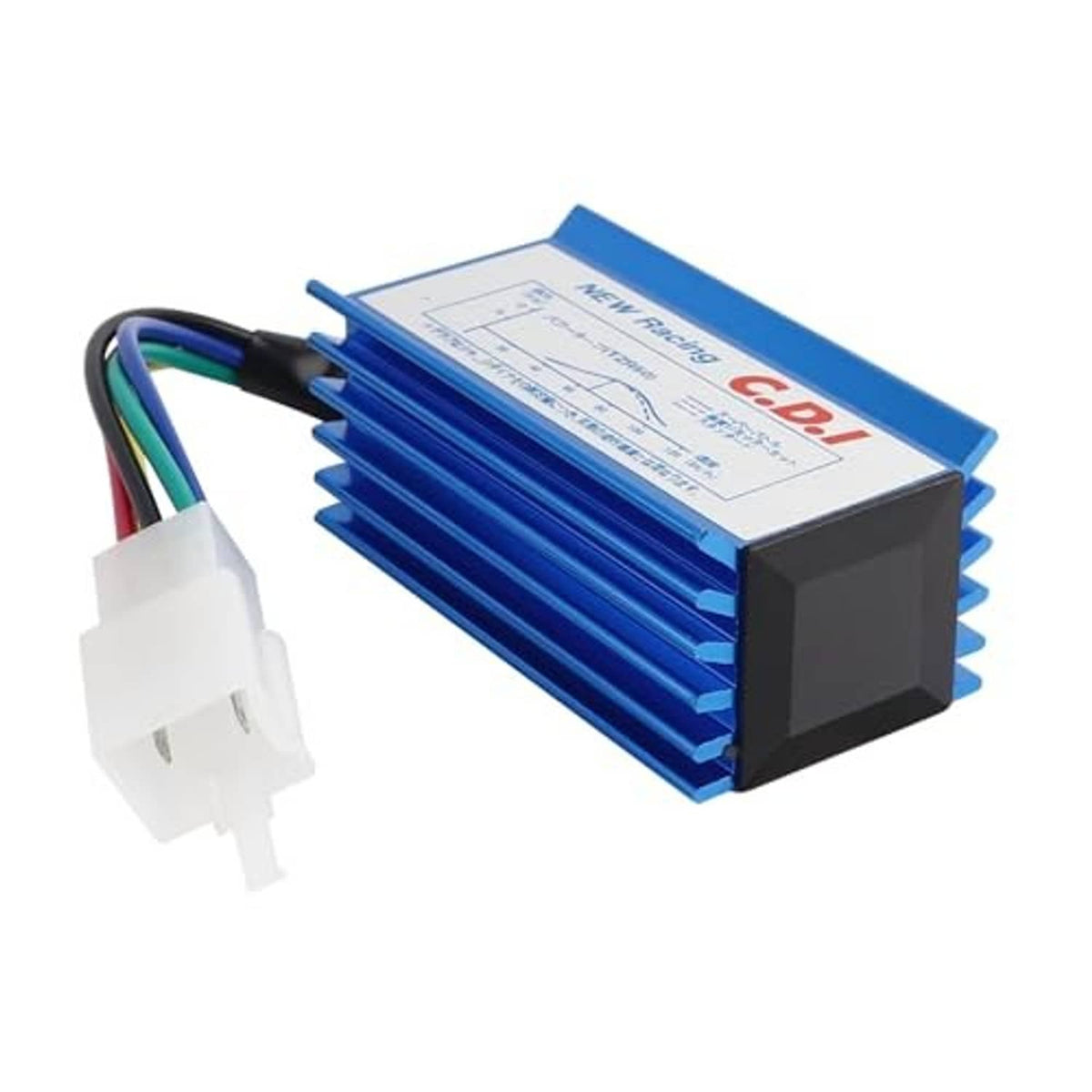 Blue CDI ignition control module with white connector and black heatsink end block
