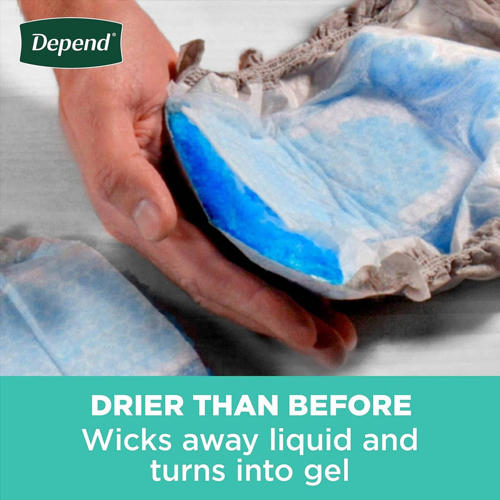 Depend adult incontinence underwear showing liquid to gel absorption in absorbent pad