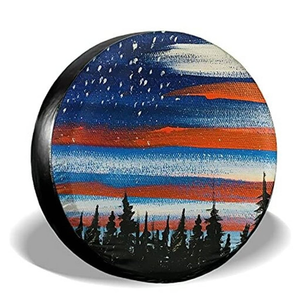 Round waterproof spare tire cover with blue orange sunset stripe design