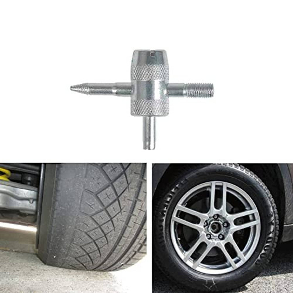 Valve stem installer tool beside tire and wheel showing valve fit on rim