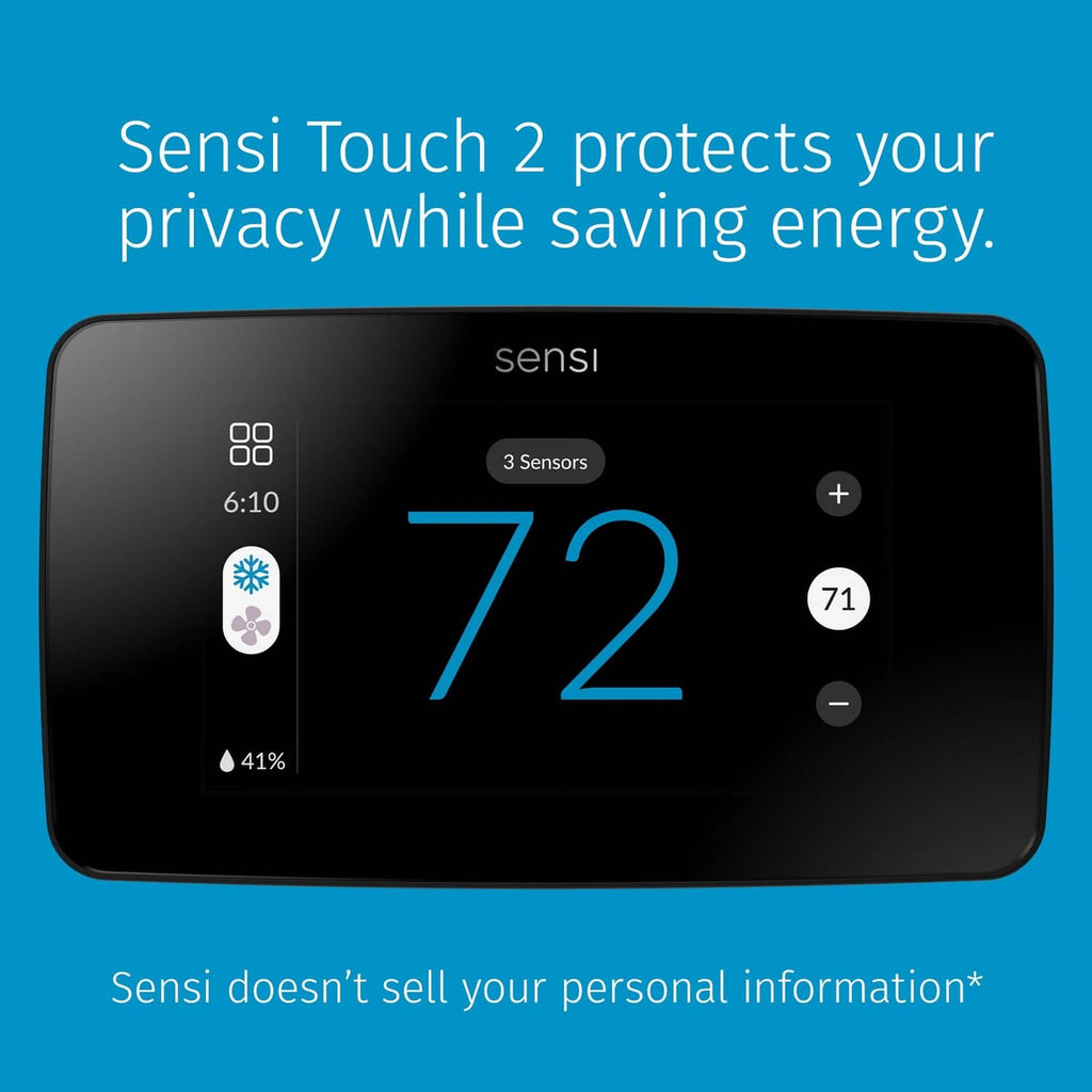 Black touchscreen smart thermostat with 72° temperature and on-screen controls