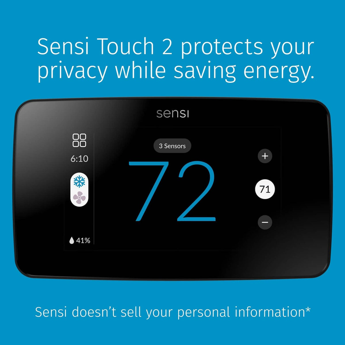 Black touchscreen smart thermostat with 72° temperature and on-screen controls