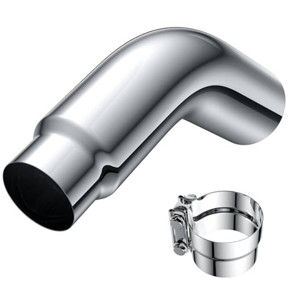 Chrome exhaust elbow tip and clamp assembly, black outlet and inlet openings
