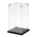 Clear acrylic display case with black base and corner metal fasteners.
