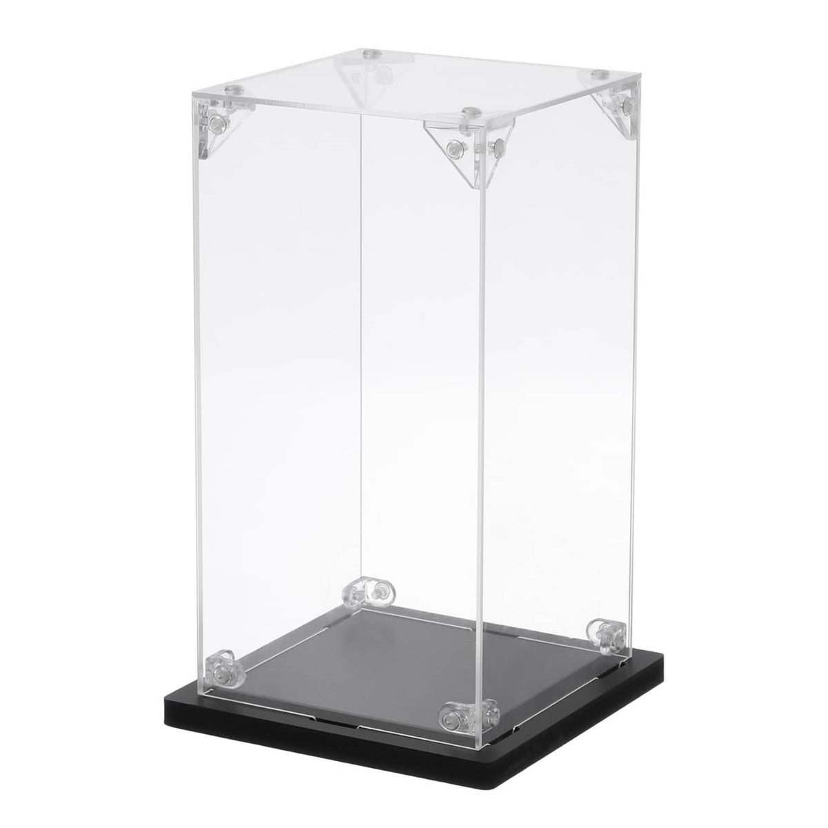 Clear acrylic display case with black base and corner metal fasteners.