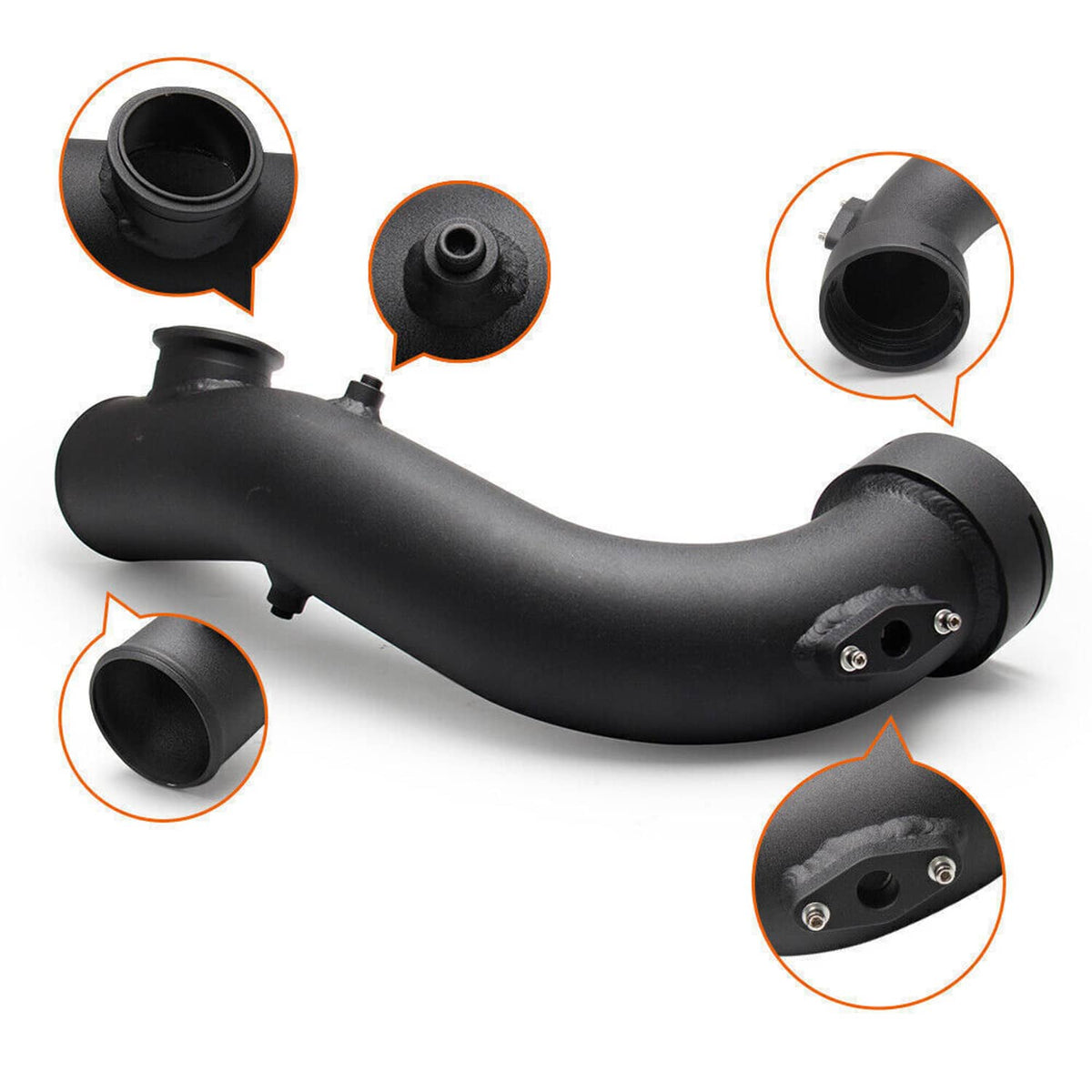 Black silicone intake pipe with mounting tabs and molded inlet/outlet ports