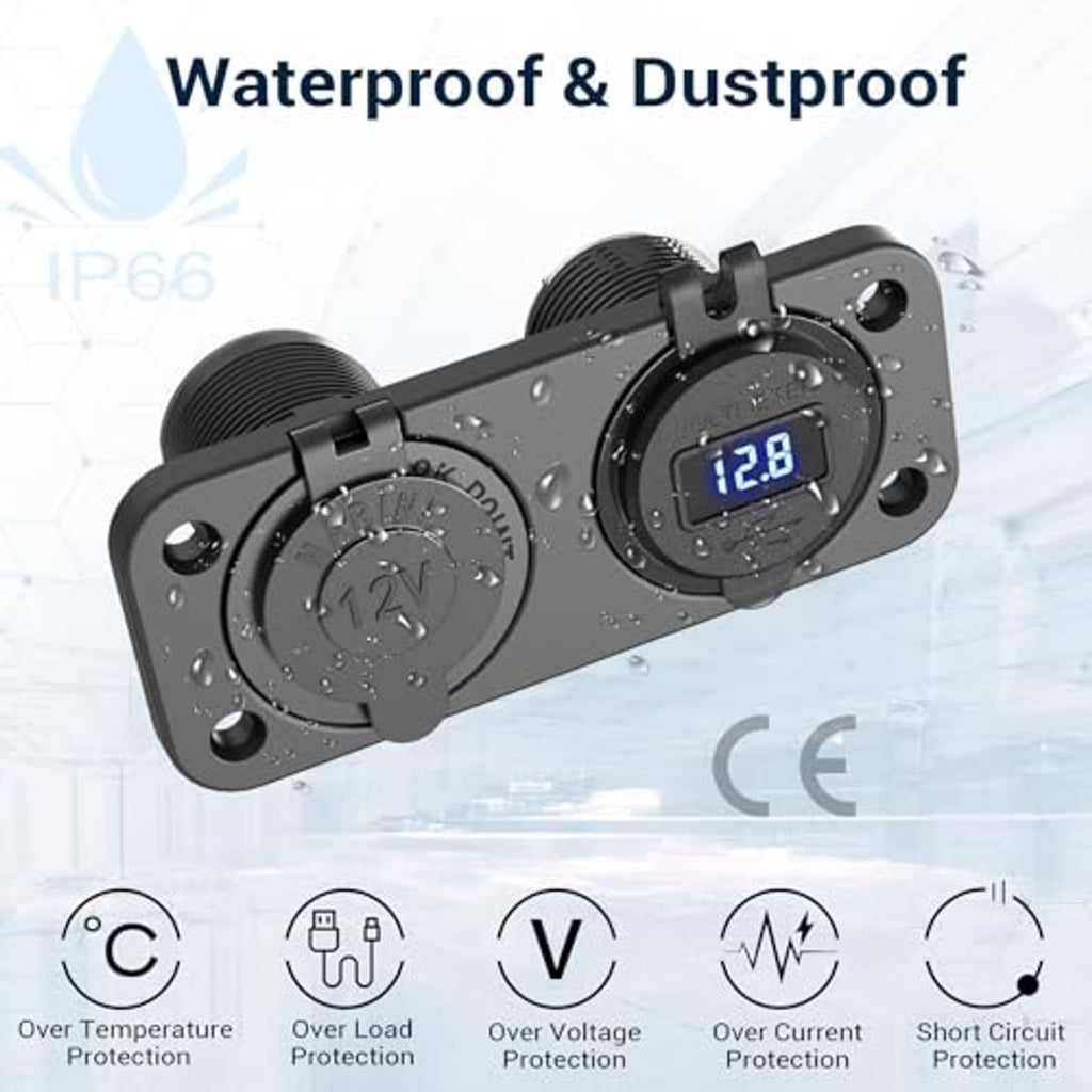 Waterproof black dual USB charging socket with sealed face and blue LED voltage display