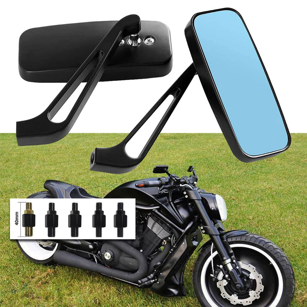 Rectangular motorcycle rearview mirror pair with blue-tinted lenses, black brackets, adapters