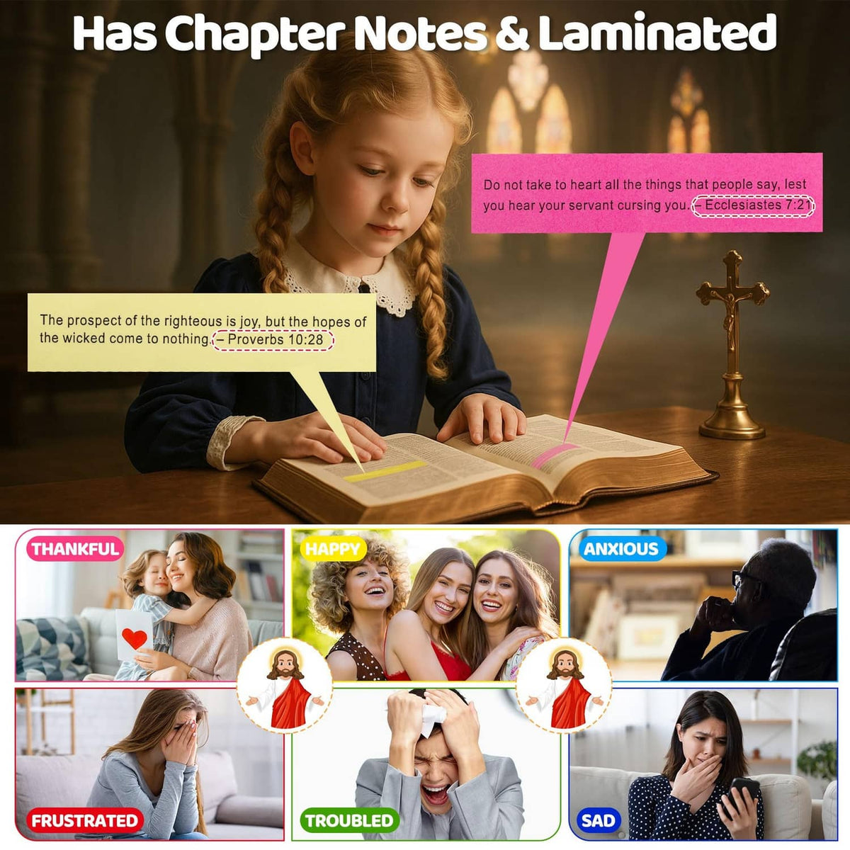 Laminated Bible verse notes and chapter notes with cross accessory beside book