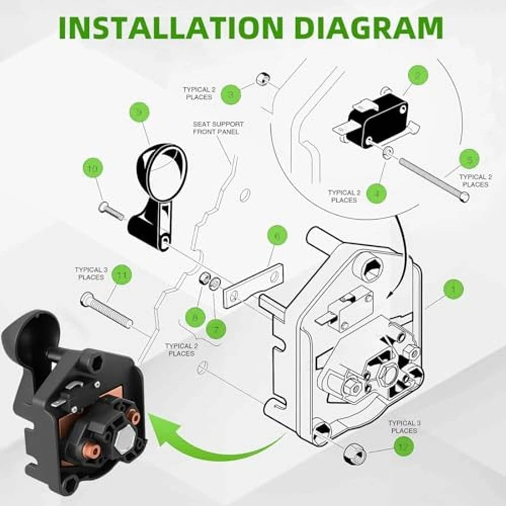 Black forward/reverse golf cart switch assembly with installation diagram overlay