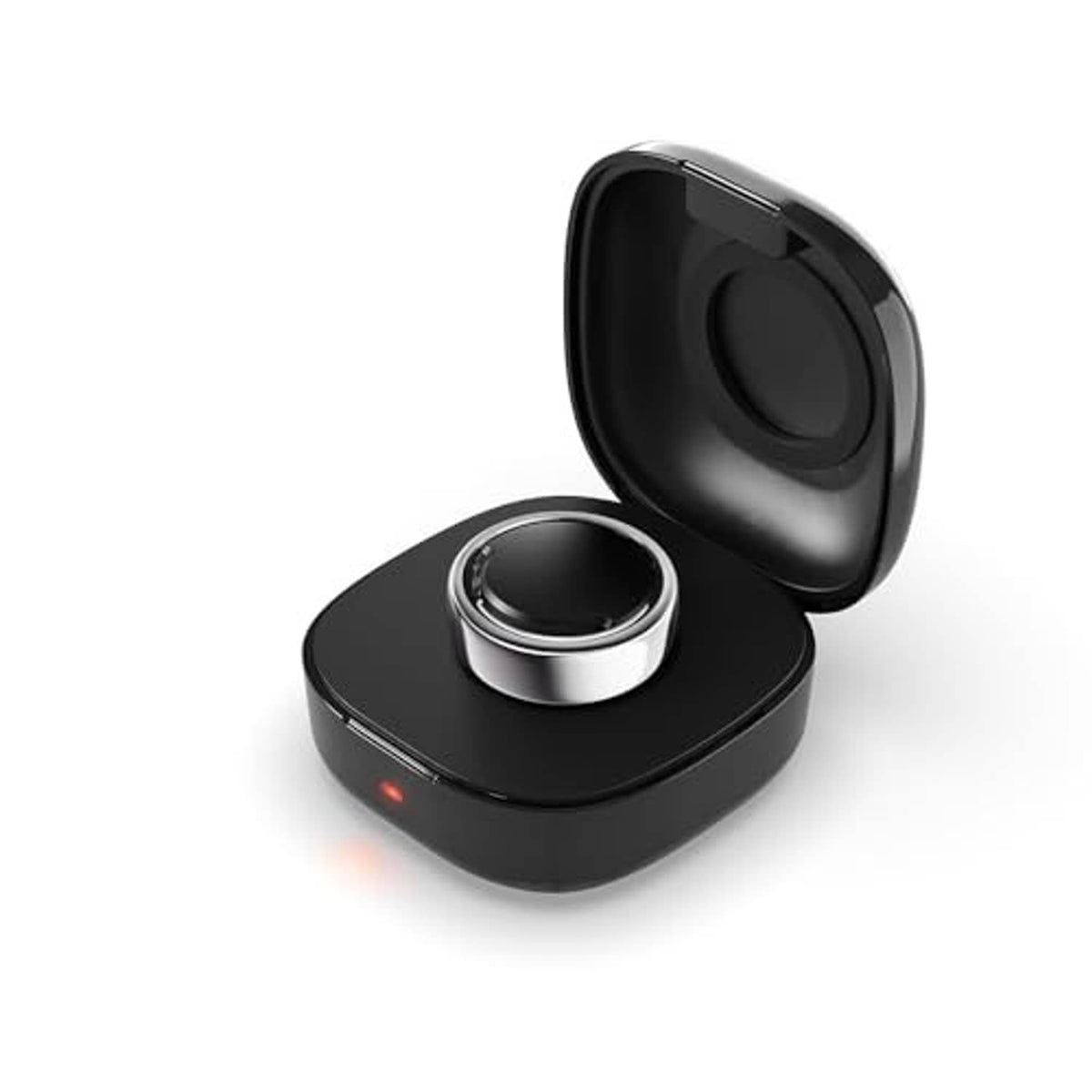 Black wireless charging case with open lid and built-in charging dock