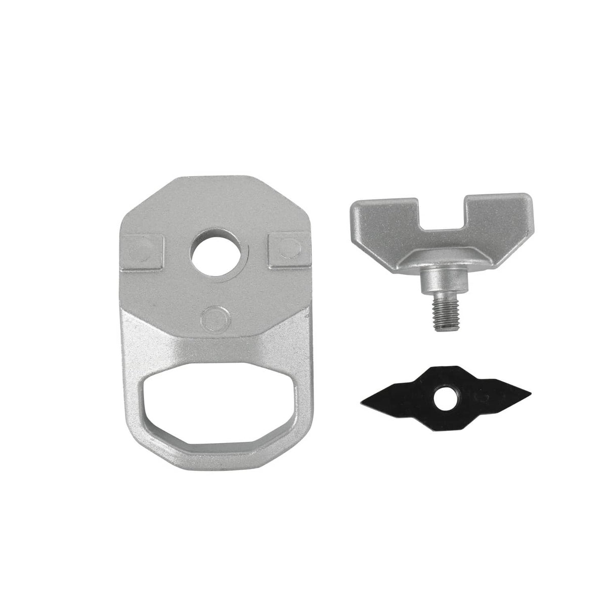 Silver D-ring anchor with threaded bolt and black locking insert plate