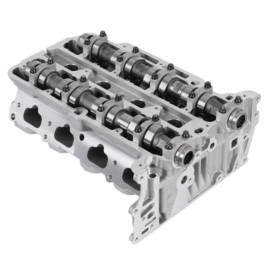 Cylinder head 3/4 view with camshafts and oil passage openings, silver metal