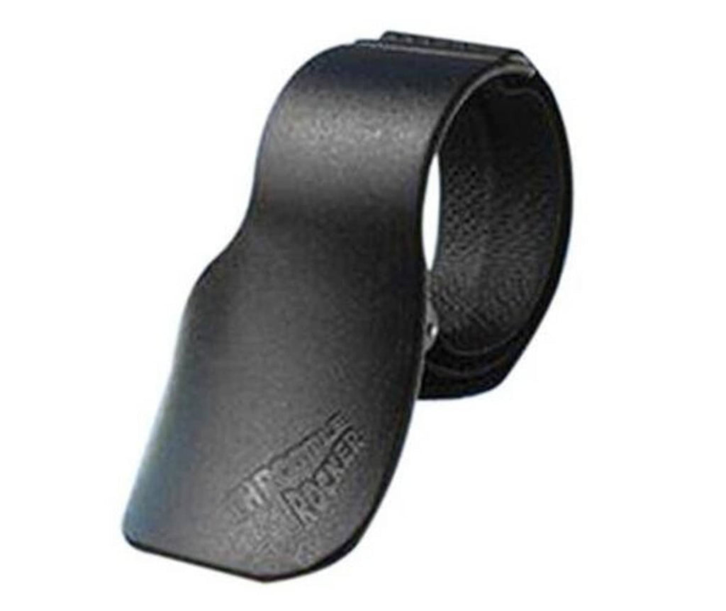 Motorcycle throttle rocker assist grip, curved textured dark gray with engraved lettering
