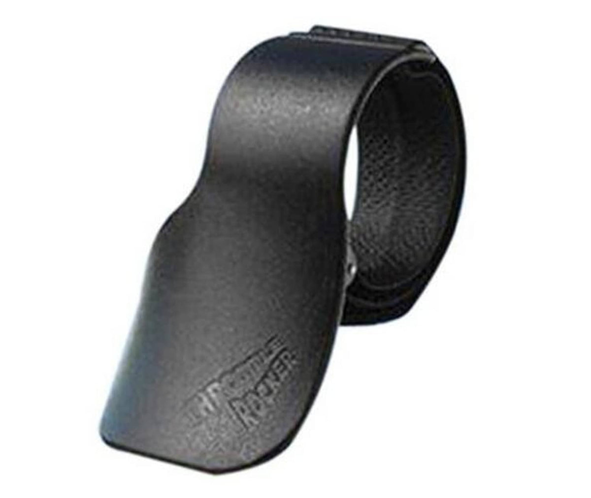 Motorcycle throttle rocker assist grip, curved textured dark gray with engraved lettering