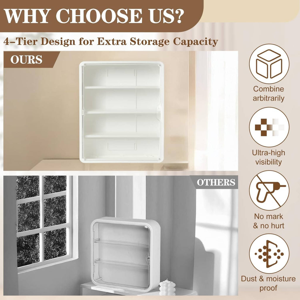Wall-mounted 4-tier clear display case in white frame with visible shelf layout