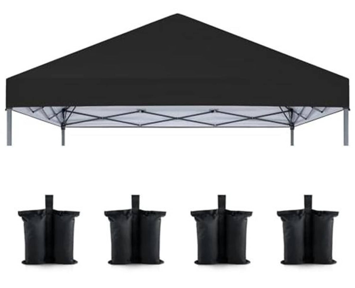 Black pop-up canopy top cover with four black weighted sandbags, front view