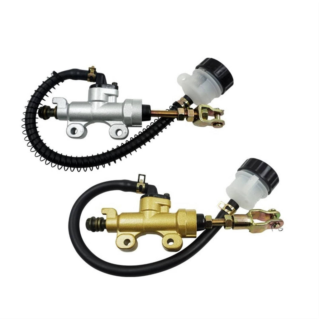 Rear brake master cylinder pump set showing silver and gold versions with reservoirs