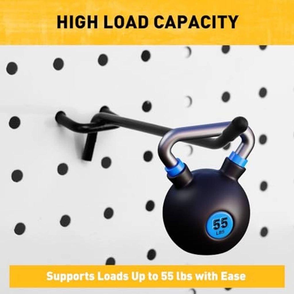 Black pegboard hook holding weight illustration with kettle-shaped hanging hook