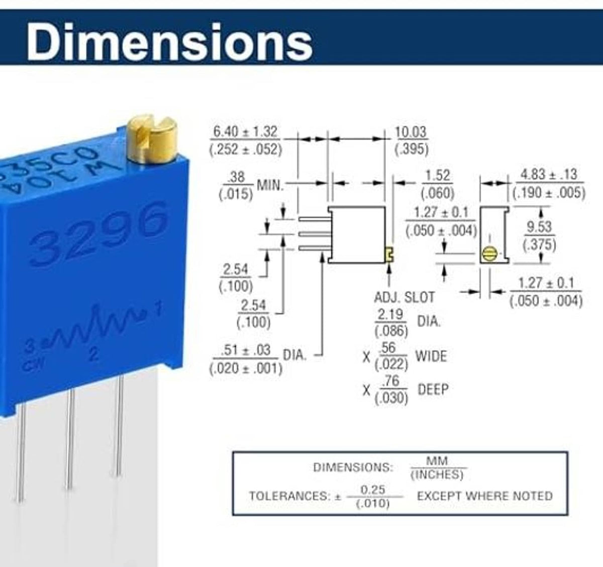 Blue 3296W multiturn trimmer potentiometer with gold top and dimension callouts