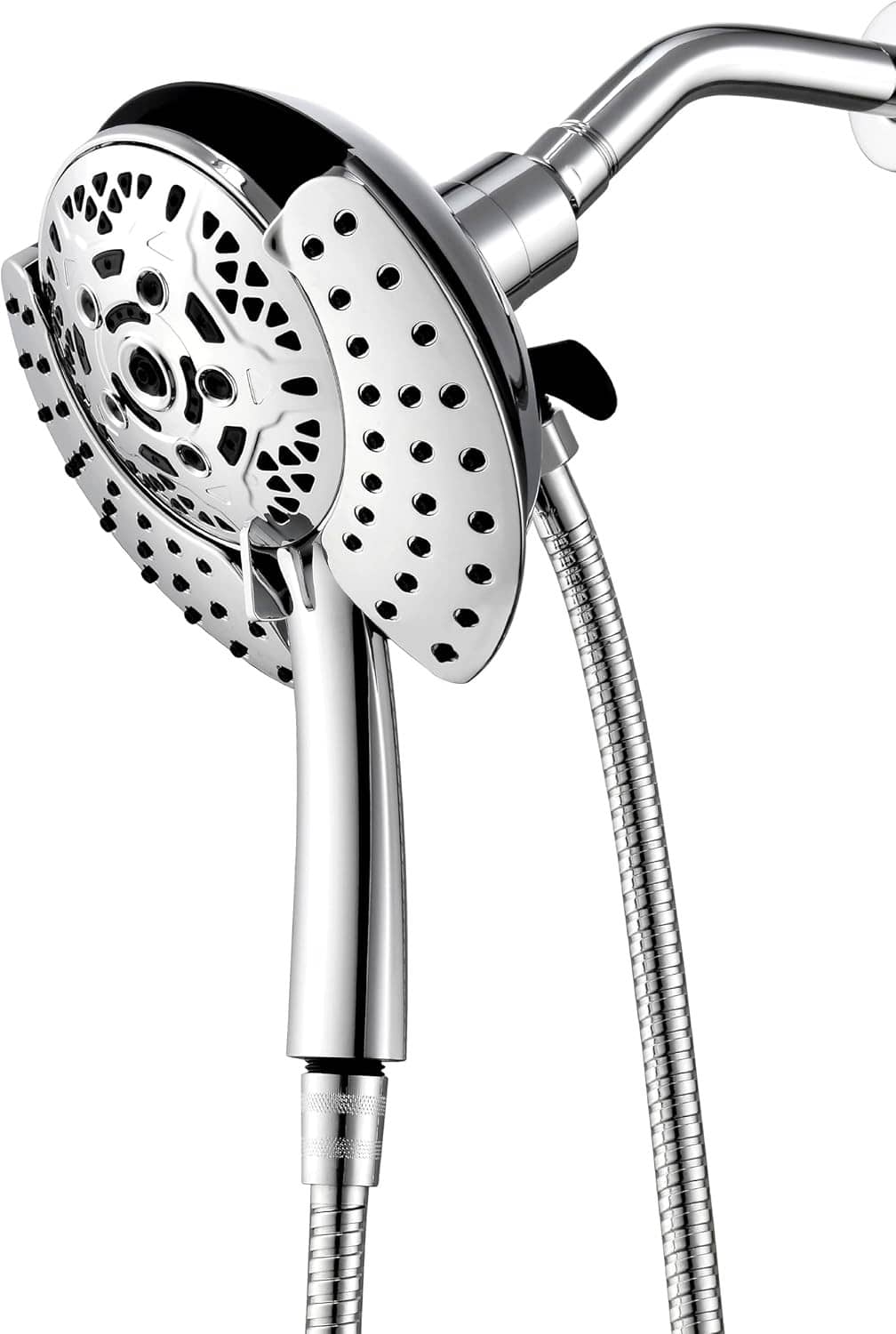 Chrome shower head with round rain plate and handheld handset, flexible metal hose