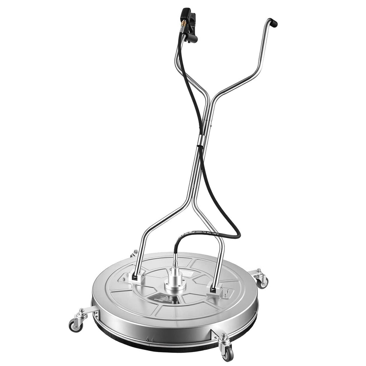 Round pressure washer surface cleaner with steel handle and caster wheels