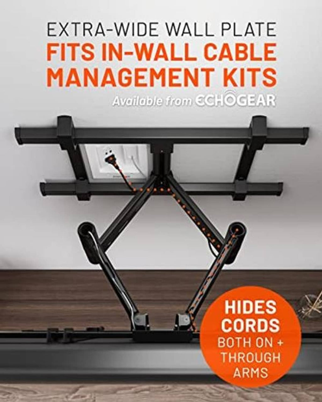 Full-motion TV wall mount bracket with wide wall plate and hinged arms, black