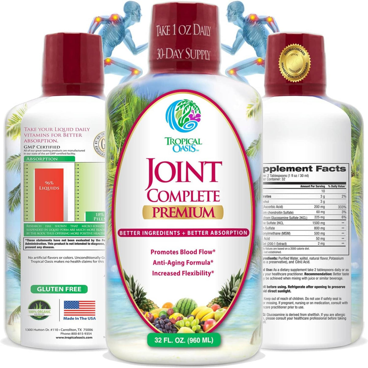 Liquid joint supplement bottle with Tropical Oasis logo and Joint Complete Premium text