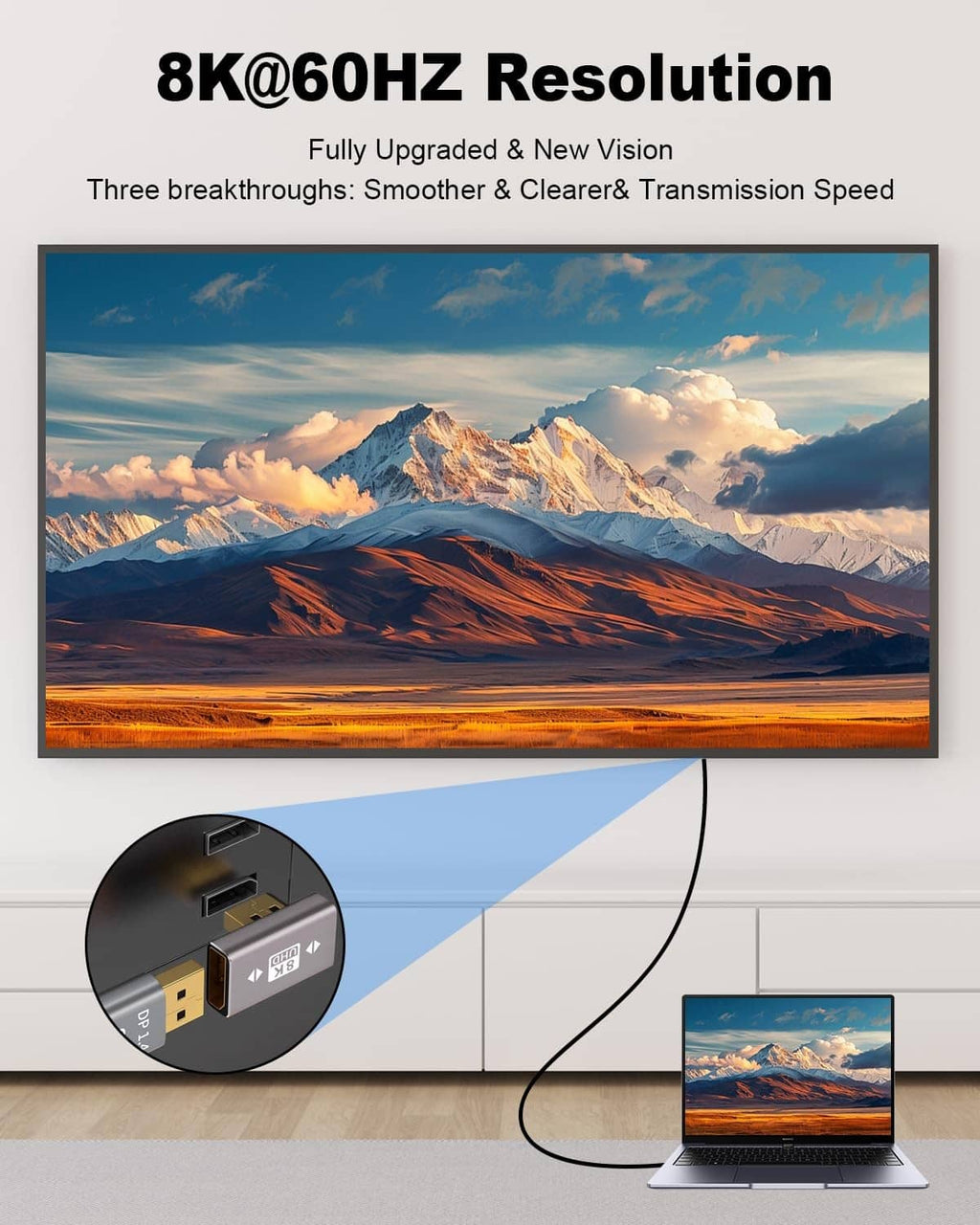 DisplayPort adapter extender supports 8K@60Hz, connected between laptop and TV