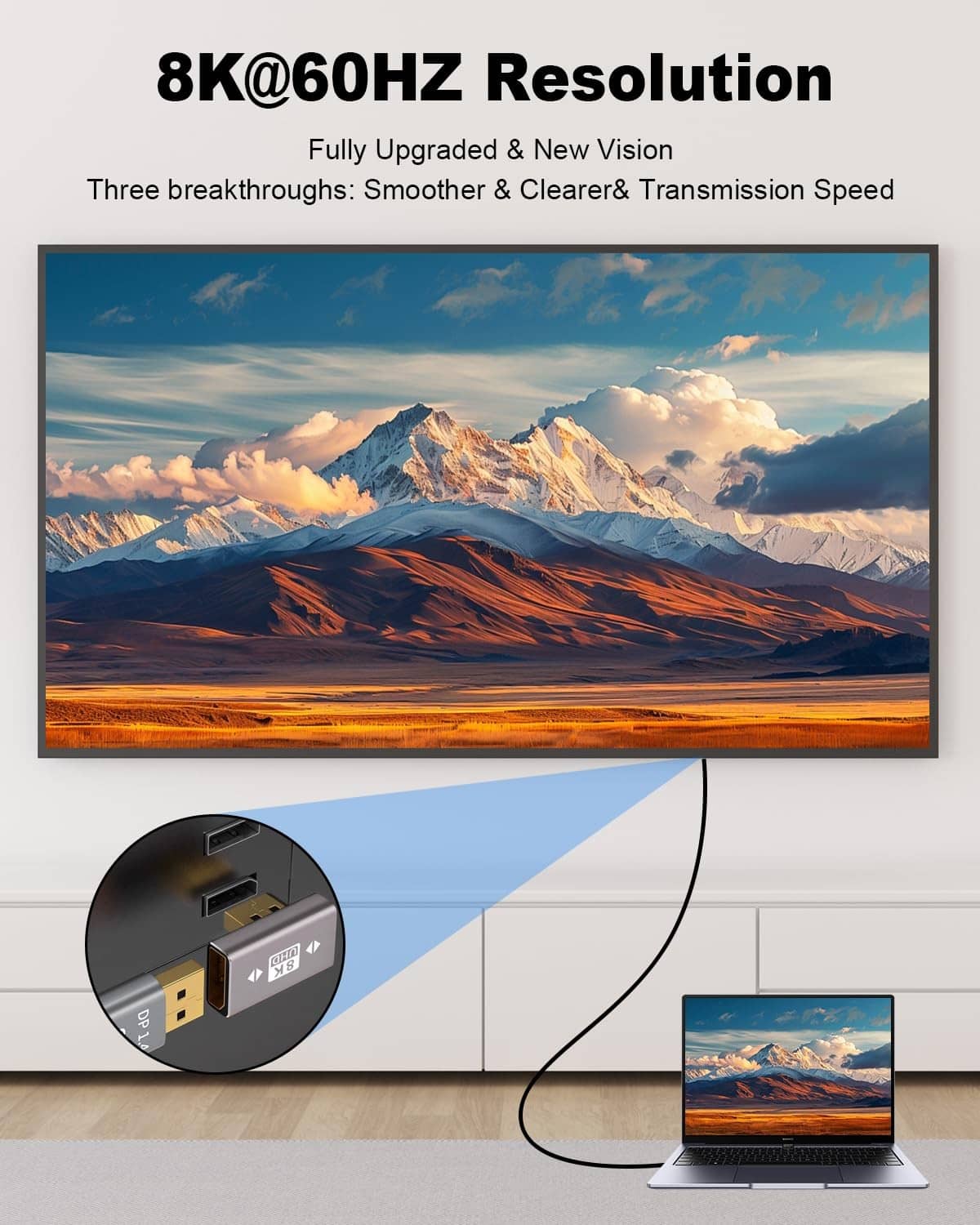 DisplayPort adapter extender supports 8K@60Hz, connected between laptop and TV