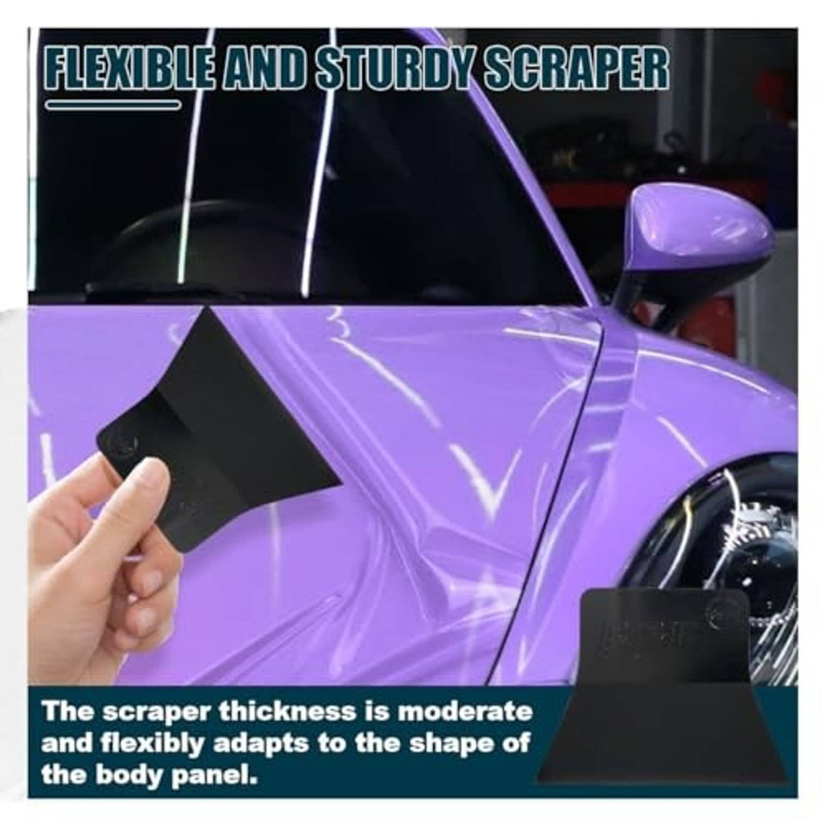 Black wrap squeegee scraping on purple body film on a car