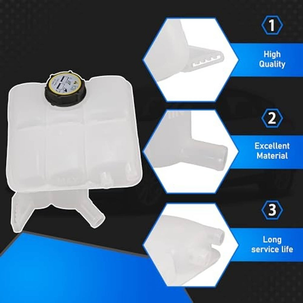 Engine coolant recovery reservoir tank with black cap, white plastic container close-up