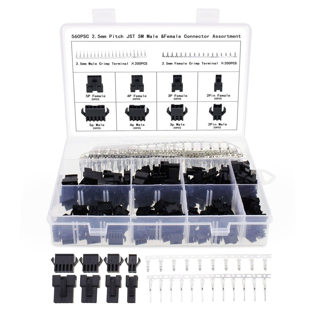 Assortment box of black JST-SM 2.5mm male and female connector housings with terminals