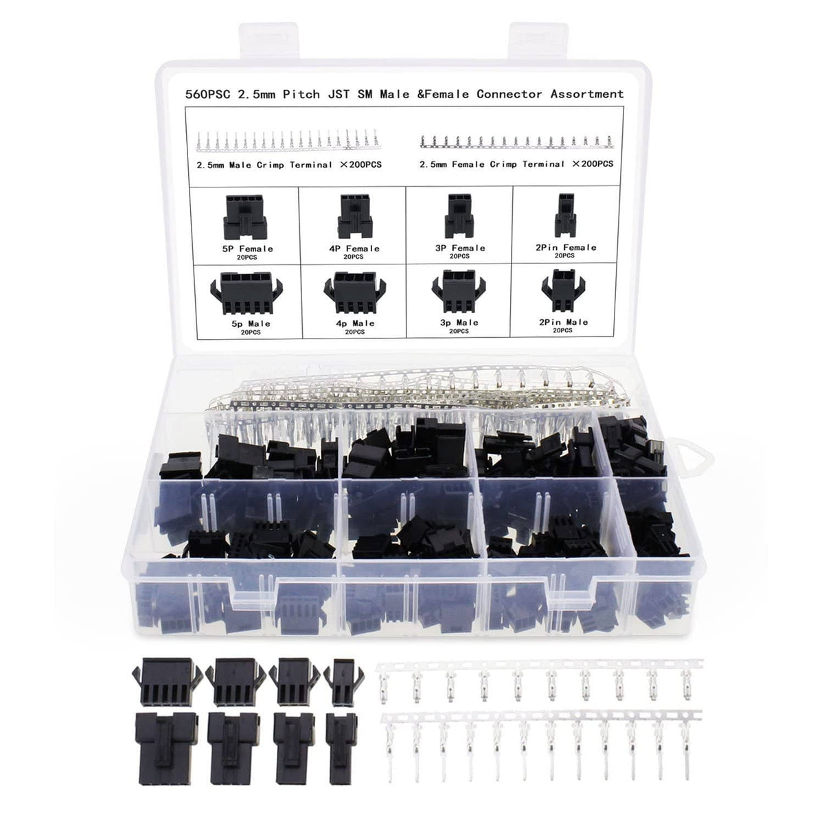 Assortment box of black JST-SM 2.5mm male and female connector housings with terminals