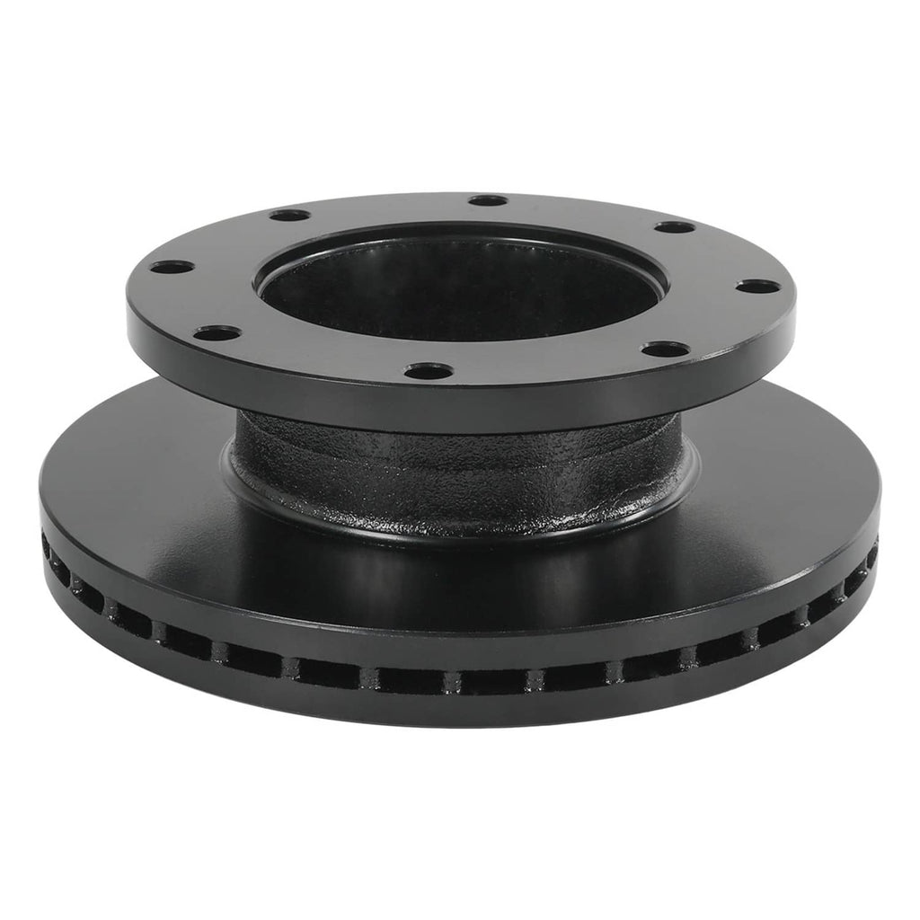 Black disc brake rotor with vent slots and bolt holes for trailer mounting