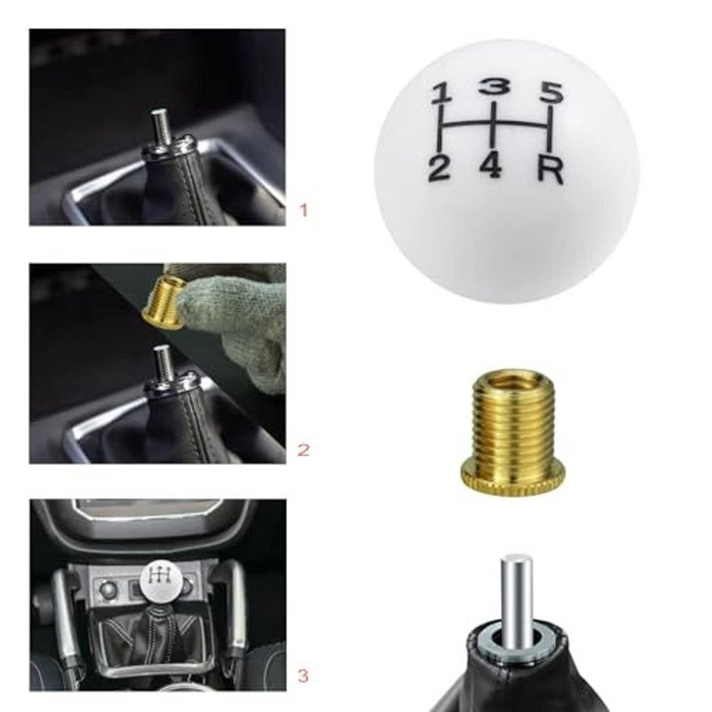 White 5-speed shift knob installed on manual gear shifter with black leather boot